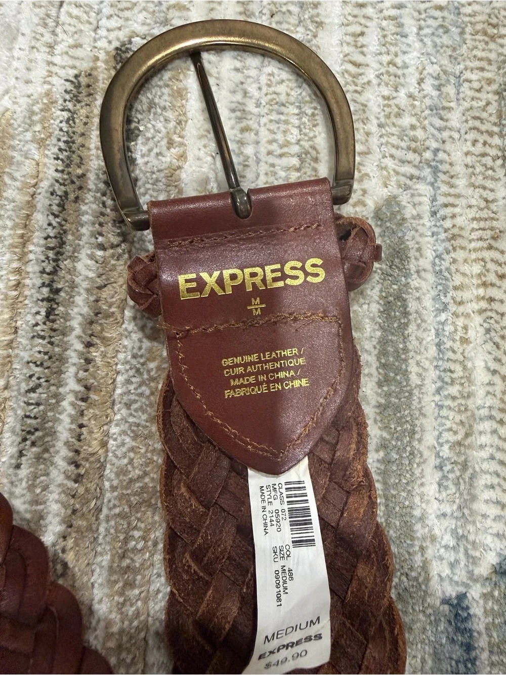 Express Braided Leather Belt in Brown with Brass Buckle